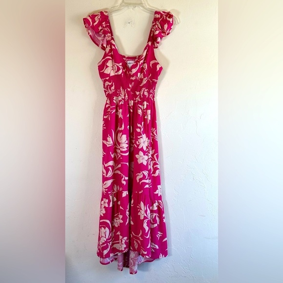 Japna Feminine Floral Pink  Smocked Waist Flutter Sleeves High-Low Dress Sz XS - Picture 1 of 11